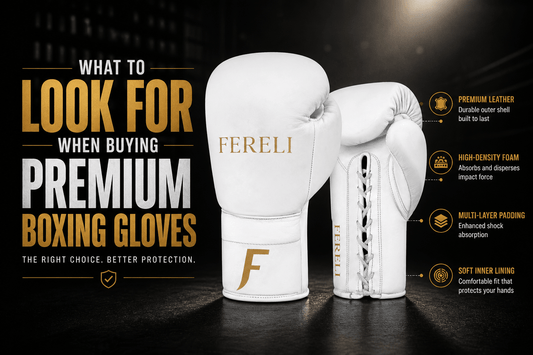 White Fereli Aether boxing gloves showcasing premium leather, multi-layer padding, high-density foam and soft inner lining for superior comfort, protection and performance in boxing training