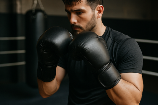 A boxer wearing high-quality leather boxing gloves in a gym, highlighting the importance of proper learning boxing gloves for injury prevention and safe training.
