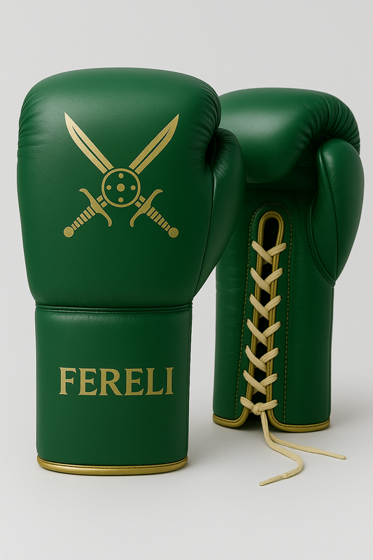 Fereli Dastan - 16oz lace boxing gloves for boxing hands in deep green leather with gold detailing, inspired by Mughal warriors, on a white background.