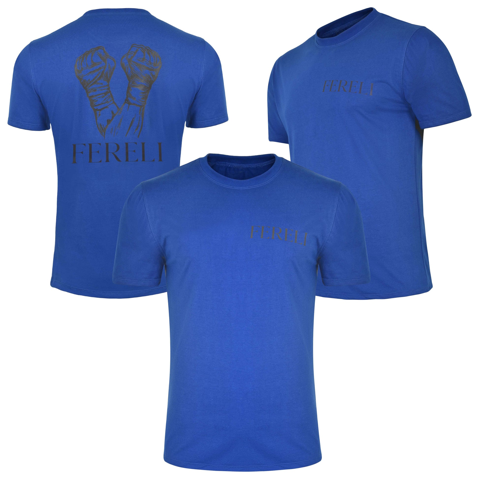 Multi view image of the Fereli Rites T-Shirt showing front, back, and angled perspectives, highlighting premium cotton construction and combat-inspired design.