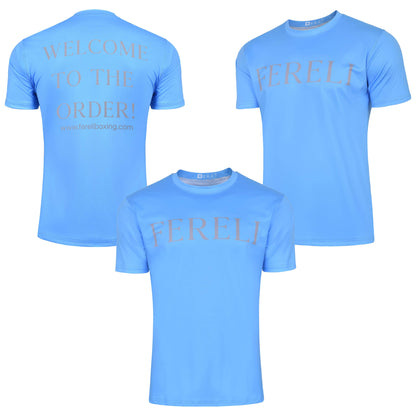 Multi-angle composite of Fereli “Welcome To The Order” t-shirt in sky blue — boxing clothing store essential.