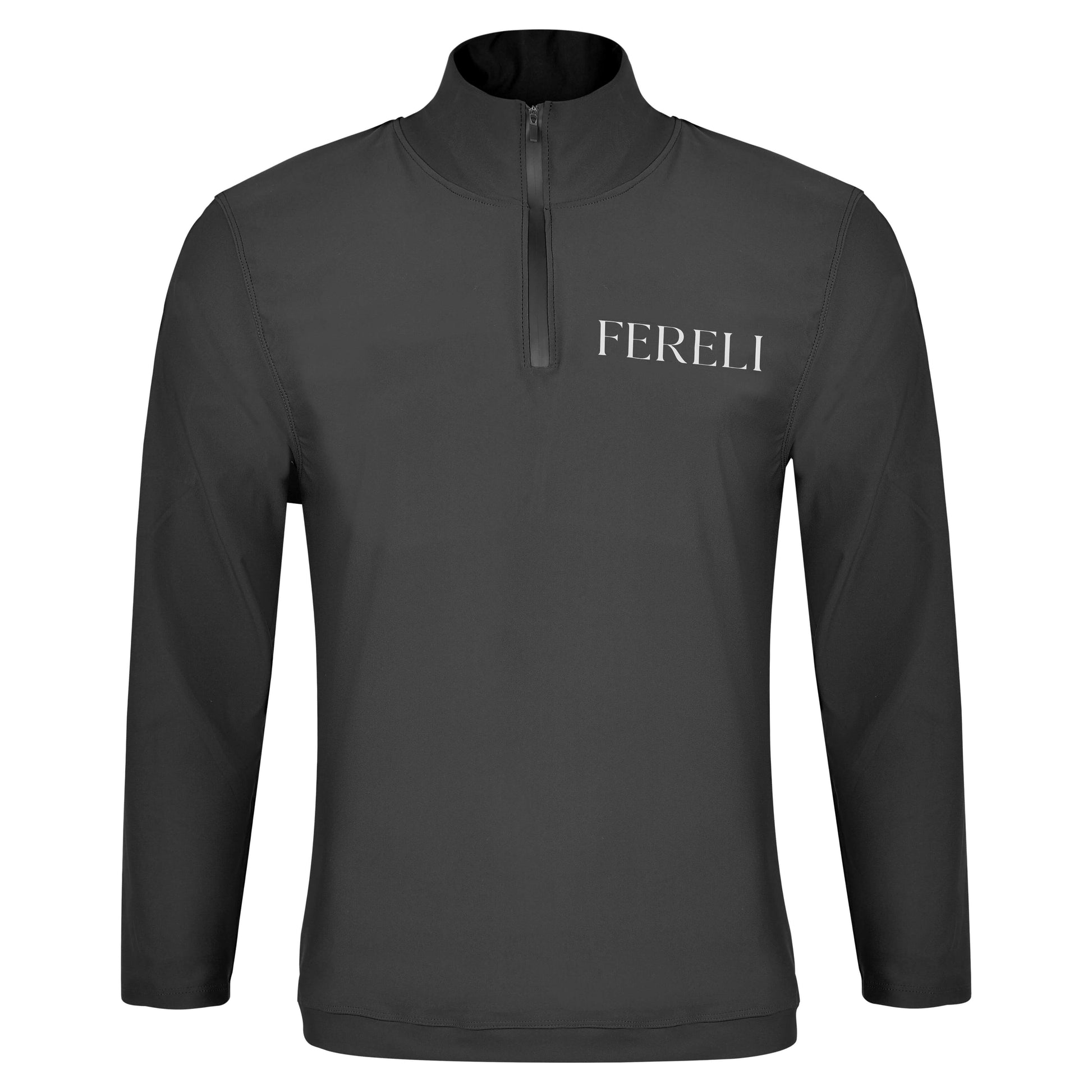 Front view of Fereli Training Quarter Zip in black, unisex training quarter zip top with minimalist Fereli logo
