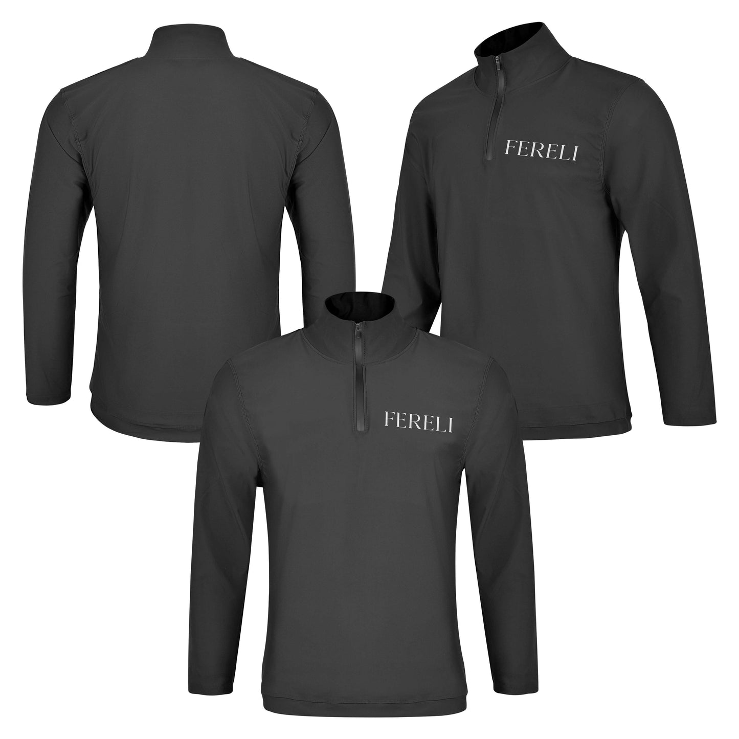 Multiple views of Fereli Training Quarter Zip in black showing front and back of premium unisex training top