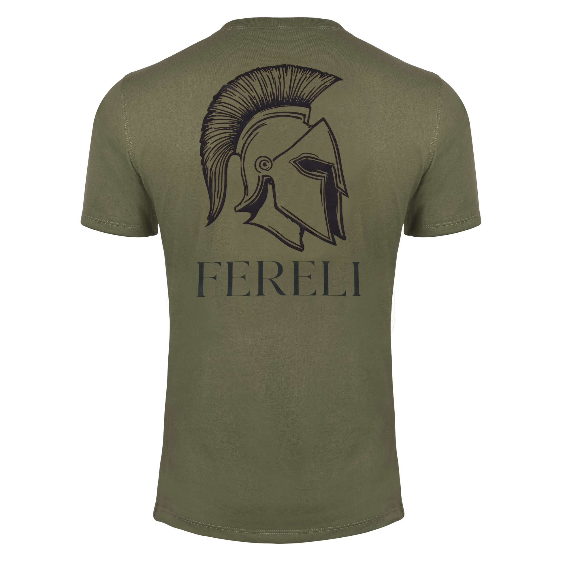 Back view of Fereli Aegis luxury fightwear t-shirt featuring Spartan helmet artwork and Fereli branding