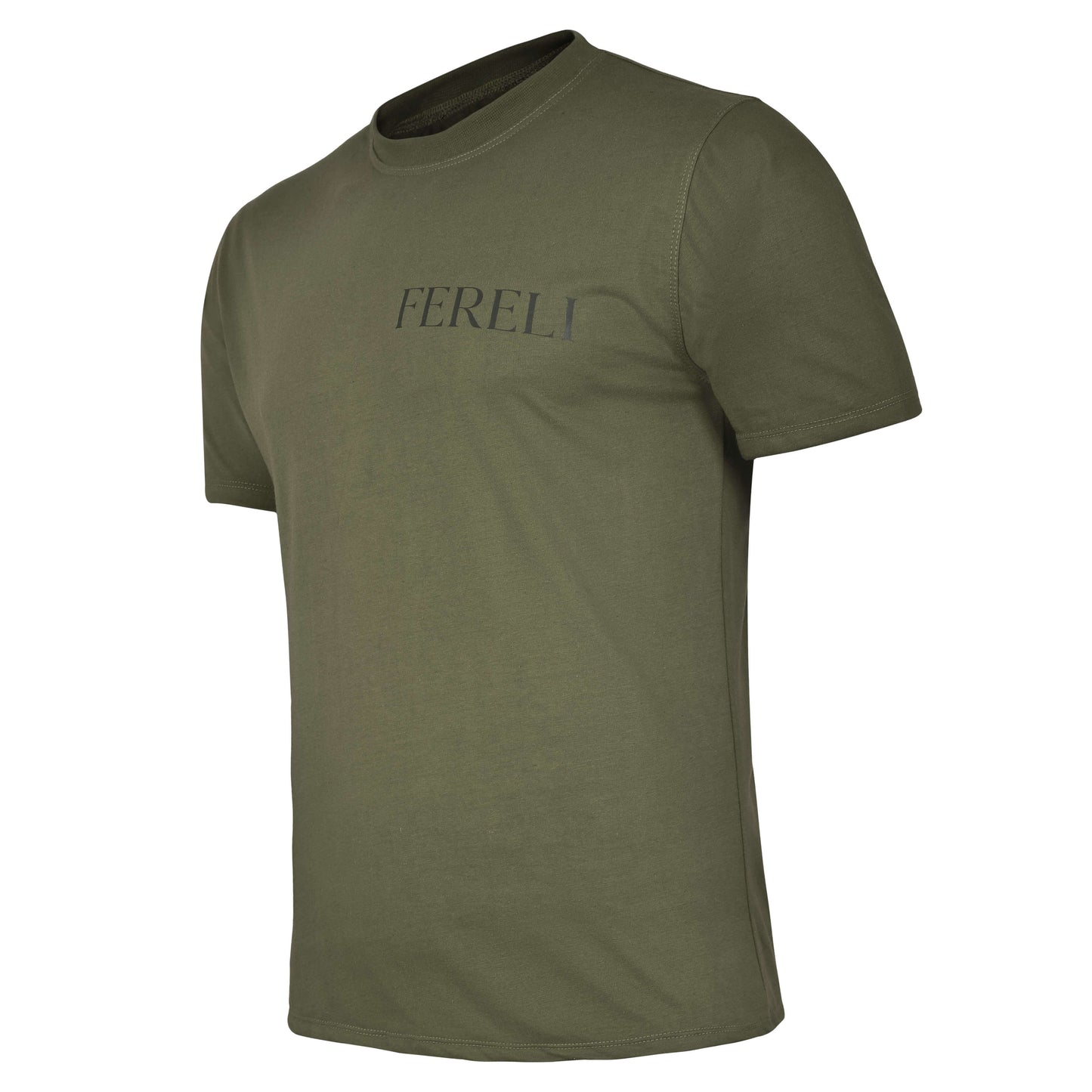 Angled side view of Fereli Aegis modern combat-inspired clothing t-shirt with minimal chest branding