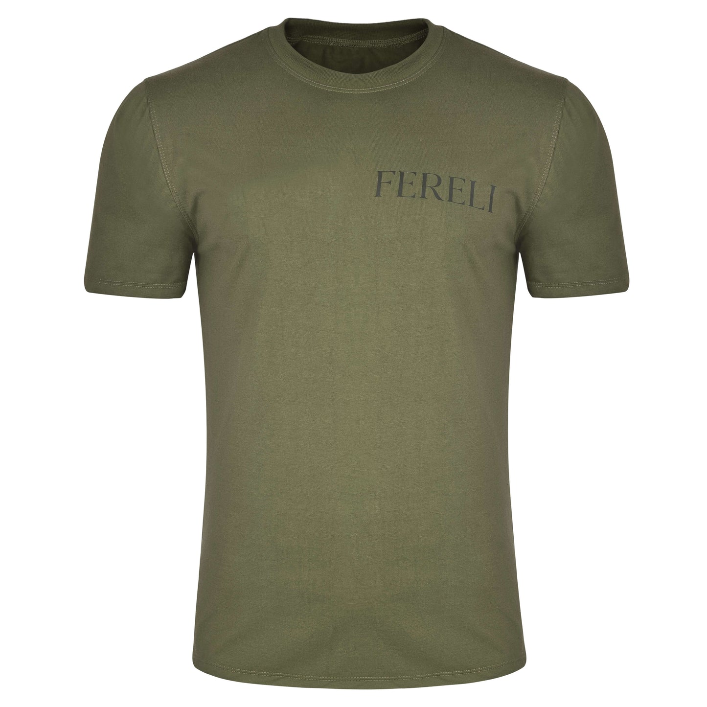 Front view of Fereli Aegis premium athletic lifestyle t-shirt in olive green made from 100% cotton jersey