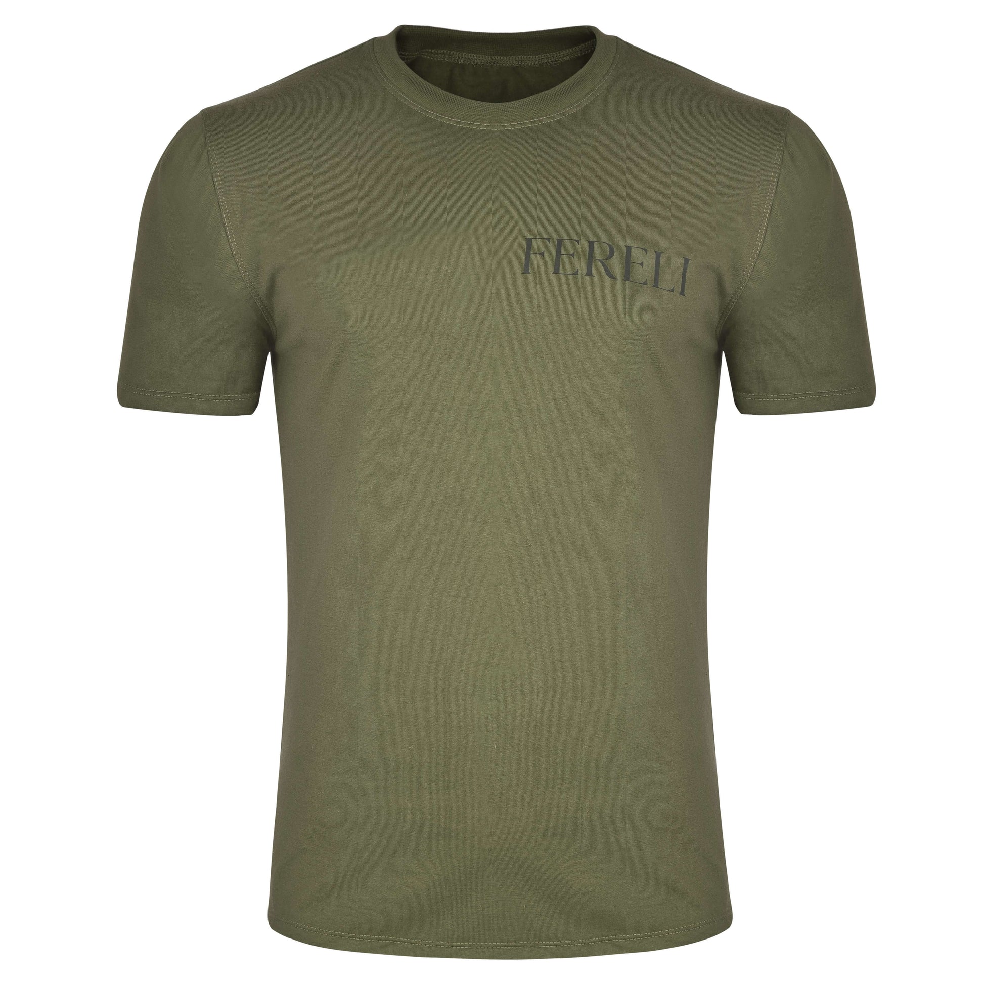 Front view of Fereli Aegis premium athletic lifestyle t-shirt in olive green made from 100% cotton jersey