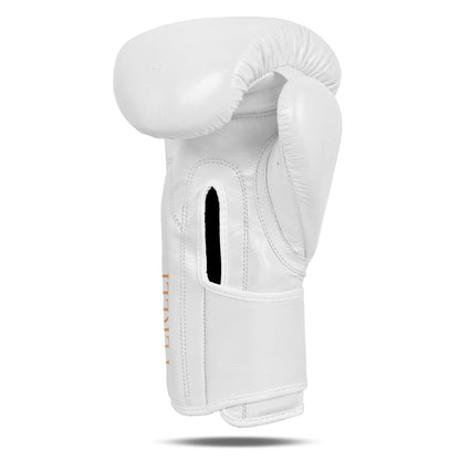 Left rear angle of Fereli Aether white leather boxing glove with strap, highlighting lace-free wrist design and premium boxing leather for beginners.