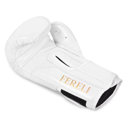 Fereli Aether white leather boxing glove laid flat on its side, showcasing durable strap design and elegant leather and lace boxing craftsmanship.