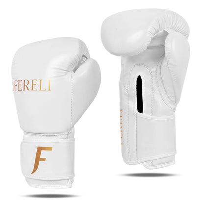 Pair of Fereli Aether boxing gloves in premium white leather with strap closure — perfect for beginners looking for high-quality boxing leather and lace-inspired gear.