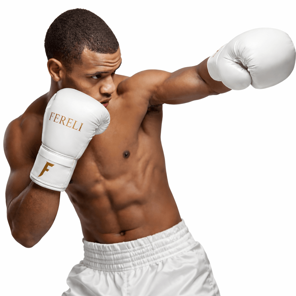 Fereli Aether leather and lace boxing gloves worn by a boxer, showcasing premium boxing leather and lace-up design suitable for beginners and experienced fighters