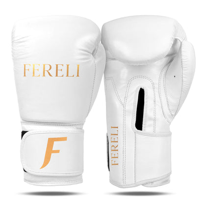 Fereli Aether boxing gloves in white leather with strap closure, front and back view — premium boxing gloves for beginners and ideal for leather and lace boxing.