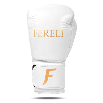 Front view of Fereli Aether boxing glove in white leather with strap closure — luxury boxing gloves for beginners and leather and lace boxing training.