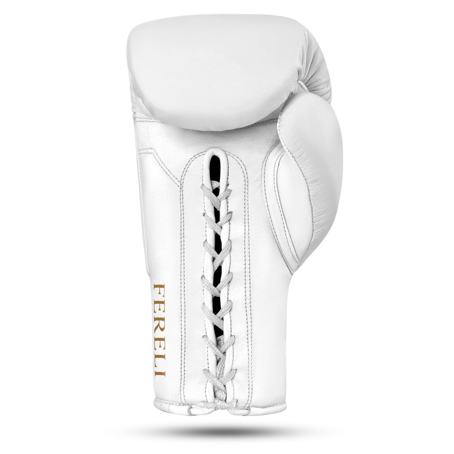 Back view of Fereli Aether leather and lace boxing gloves in white, crafted from premium boxing leather for beginner boxers