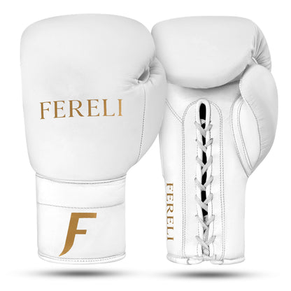 Fereli Aether leather and lace boxing gloves in white, premium boxing leather design for beginners and professionals