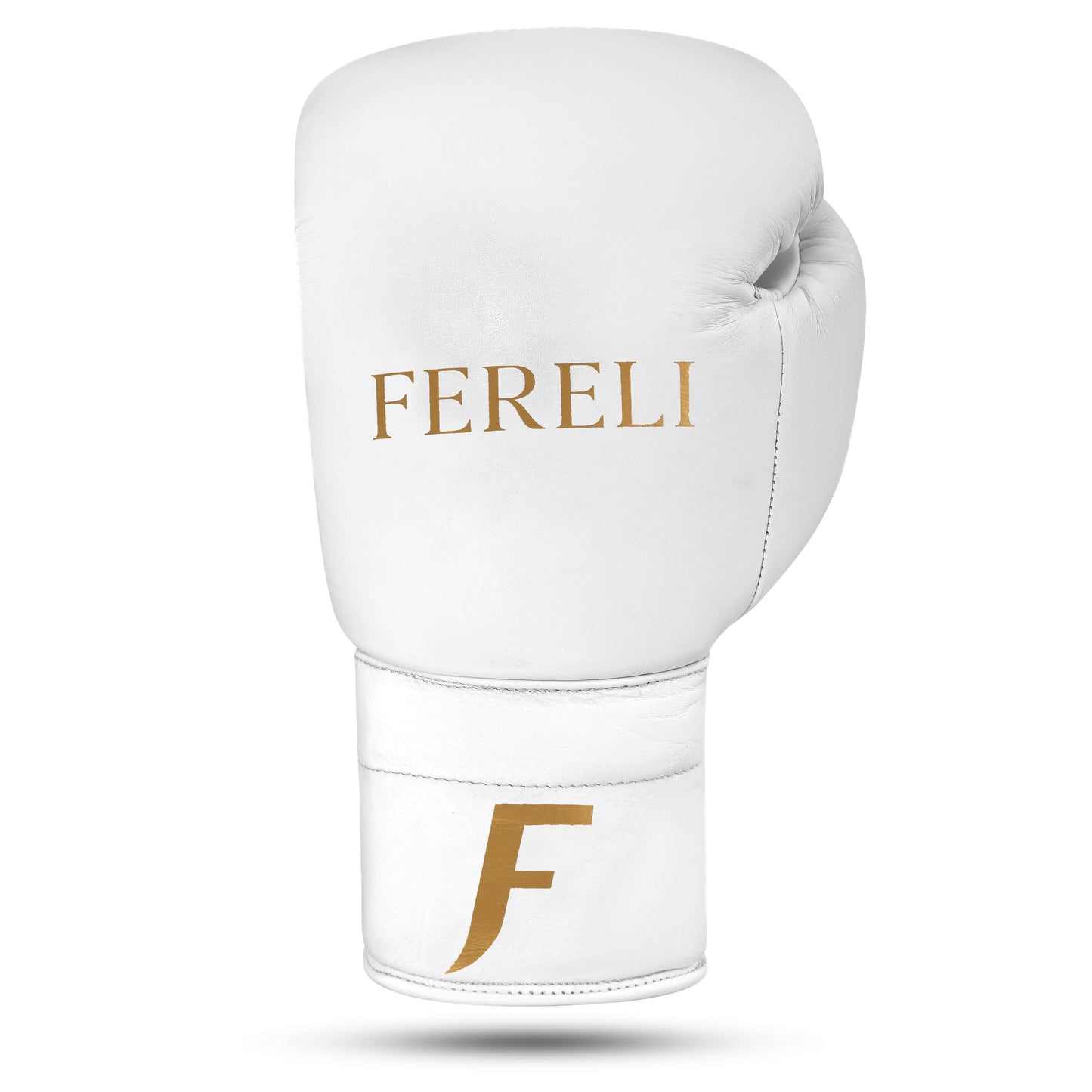 Fereli Aether leather and lace boxing glove in white, front view highlighting premium boxing leather for beginners