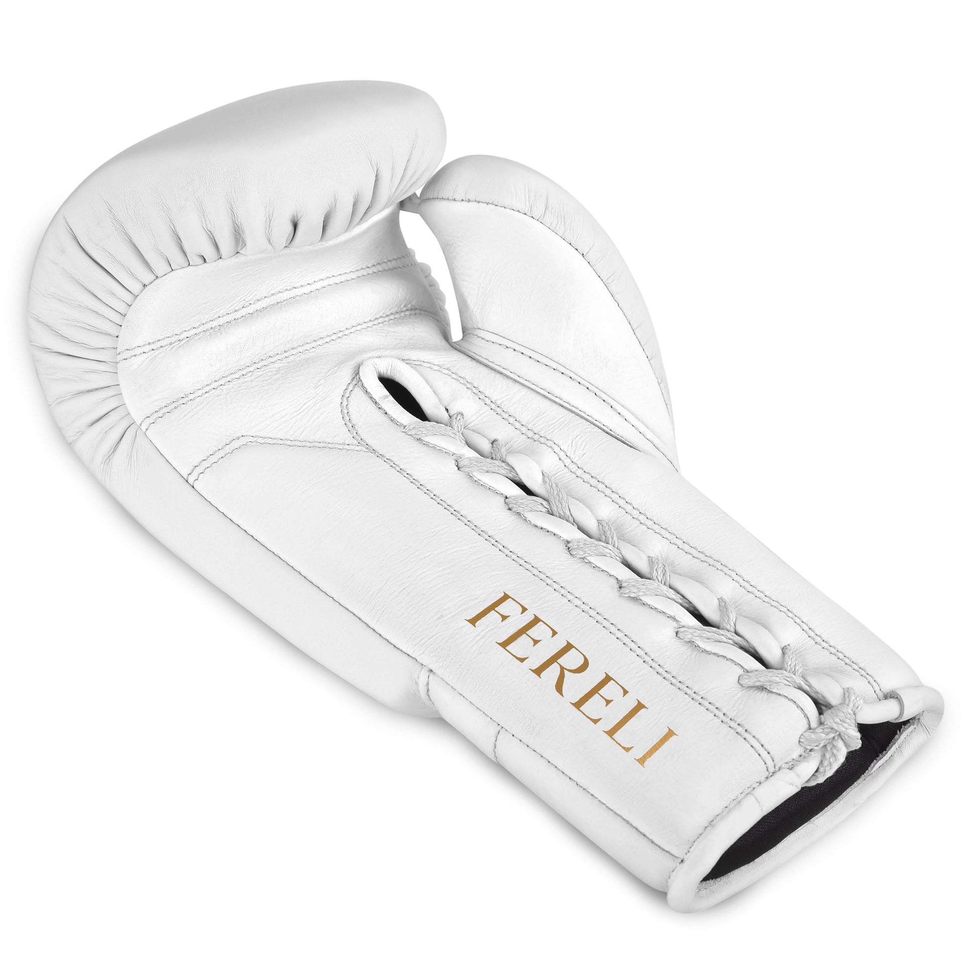 Fereli Aether leather and lace boxing glove in white, laying side view showing lace-up closure and durable boxing leather for beginners