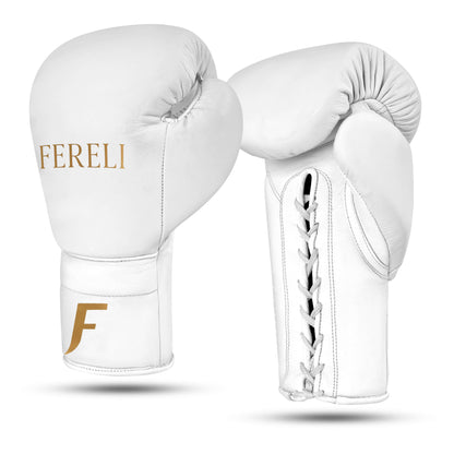 Fereli Aether leather and lace boxing gloves in white shown side by side, premium boxing leather gloves ideal for beginners