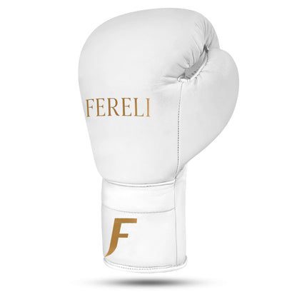 Fereli Aether leather and lace boxing glove in white, side view showing premium boxing leather for beginners