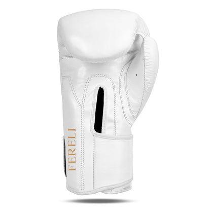 Rear view of the Fereli Aether white leather boxing glove with strap closure, showcasing durable stitching and ergonomic wrist support for beginner boxers.