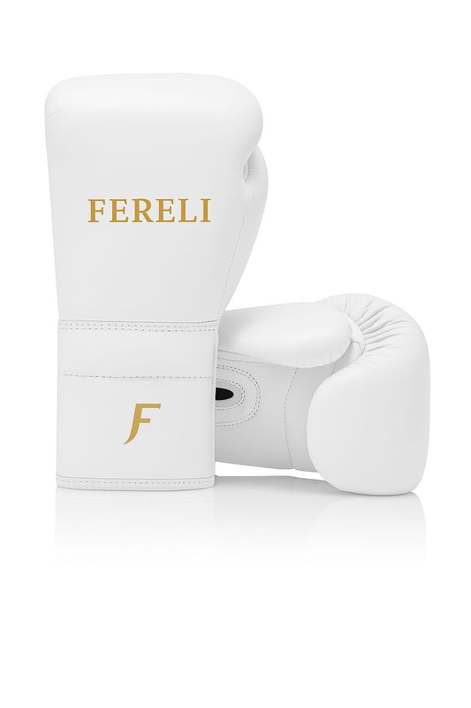 Premium white lace-up boxing gloves made from top-grain leather, Fereli Aether model, ideal for leather and lace boxing and boxing gloves for beginners.