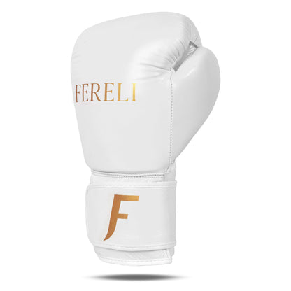 Single white Fereli Aether boxing glove with gold logo and strap — designed with premium boxing leather for beginners and everyday training.
