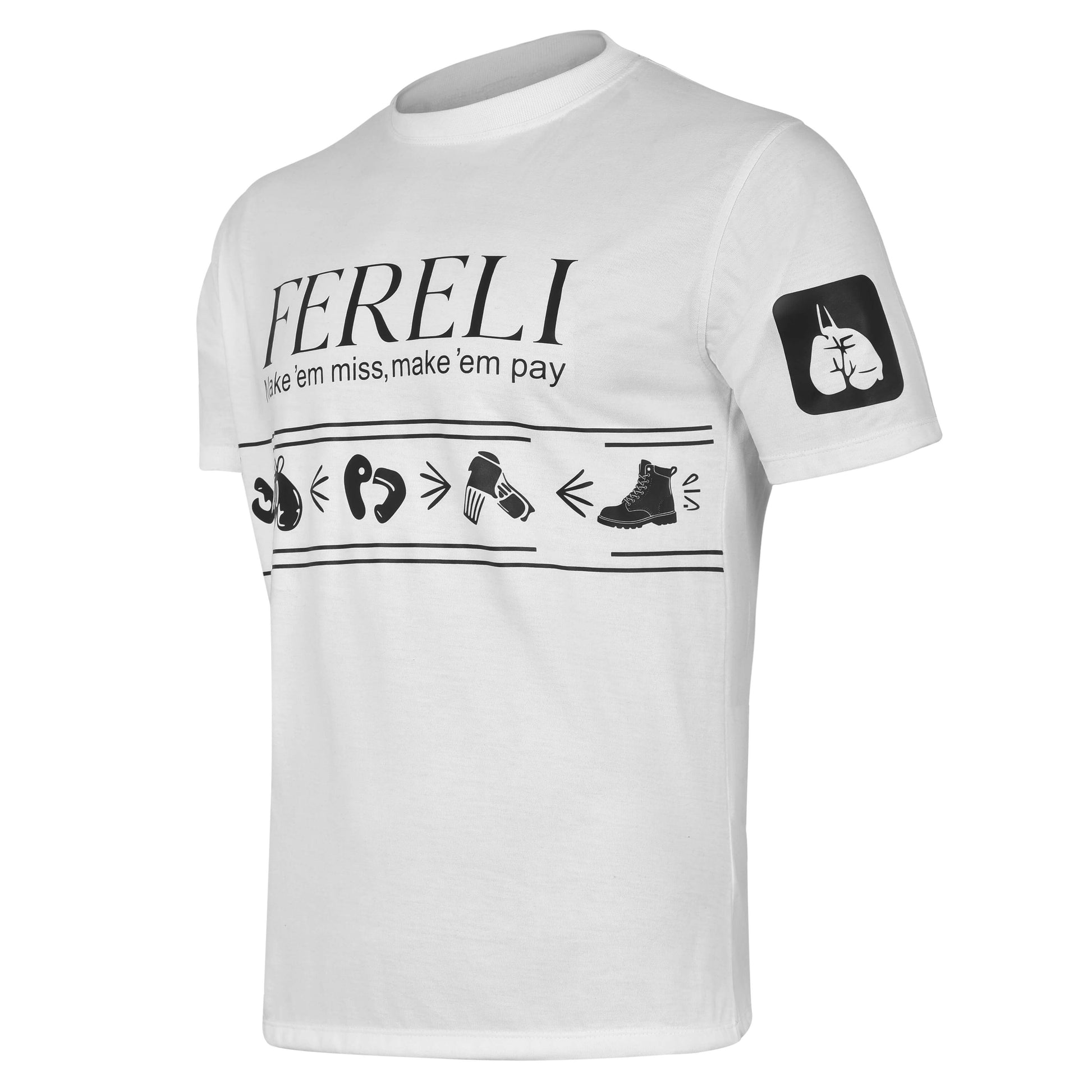 Fereli Counter T-Shirt showing “Make ’em miss, make ’em pay” slogan and boxing sequence graphics