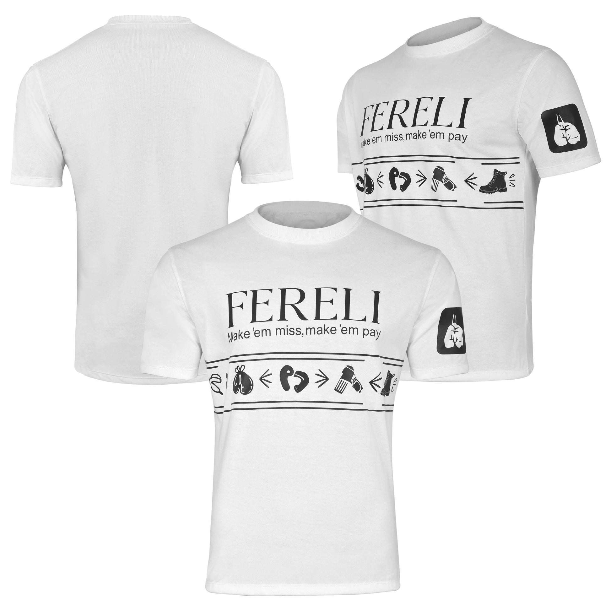 Multi-angle view of the Fereli Counter T-Shirt showing front, back, and side graphics including boxing symbols, slogan ‘Make ’em miss, make ’em pay’, and sleeve iconography.