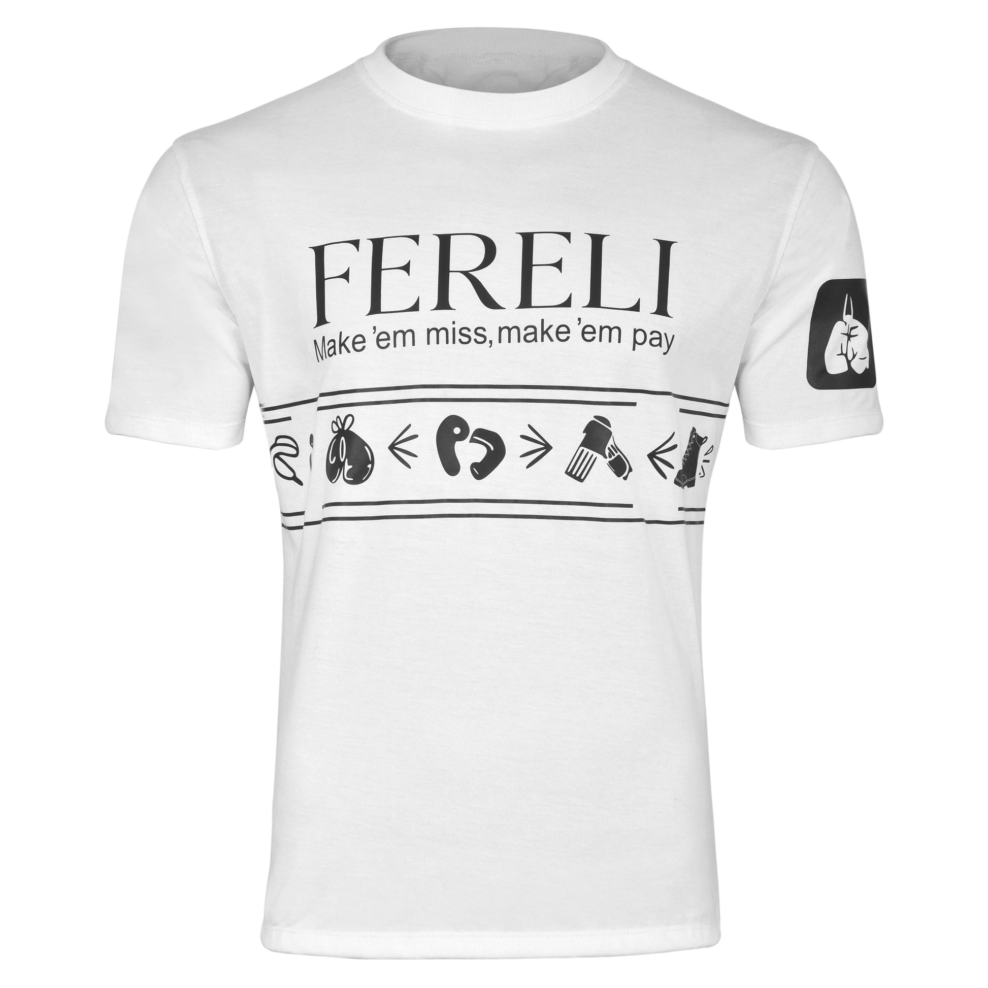White Fereli Counter T-Shirt with tactical boxing movement design and "make em miss, make em pay" across chest