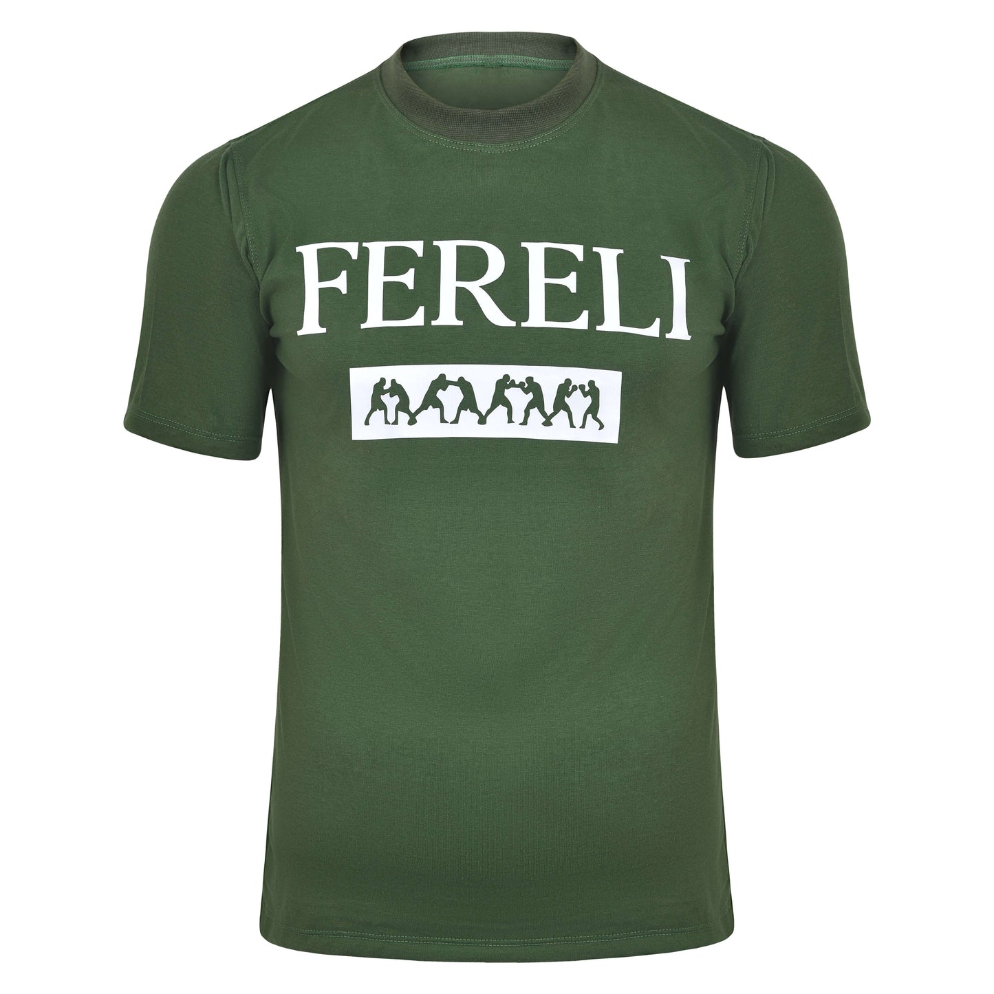Front view of the Fereli Covenant T-Shirt in deep green, featuring a bold FERELI logo and heritage-inspired combat silhouettes, designed as luxury combat lifestyle wear.