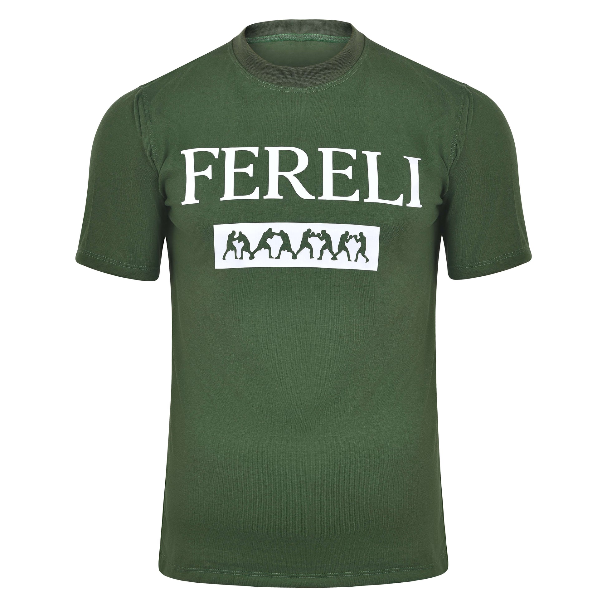 Front view of the Fereli Covenant T-Shirt in deep green, featuring a bold FERELI logo and heritage-inspired combat silhouettes, designed as luxury combat lifestyle wear.