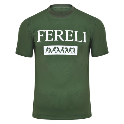 Front view of the Fereli Covenant T-Shirt in deep green, featuring a bold FERELI logo and heritage-inspired combat silhouettes, designed as luxury combat lifestyle wear.