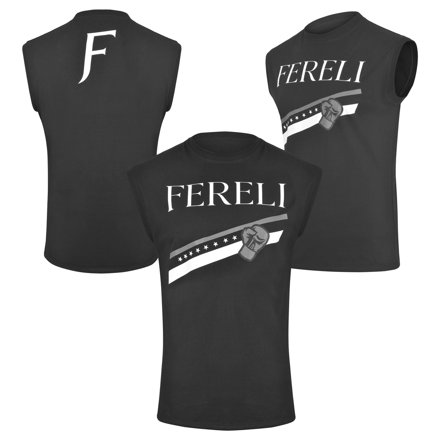 Fereli Creed Boxing Tank Top – front, back, and side views displayed together to show full design.
