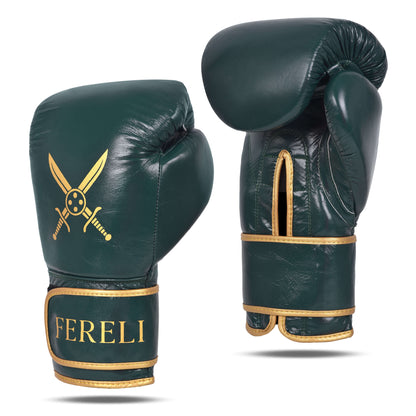 Angled front view of Fereli Dastan boxing gloves with strap closure, showing the green leather surface, golden crossed sword emblem, and FERELI branding, paired with rear palm detailing.