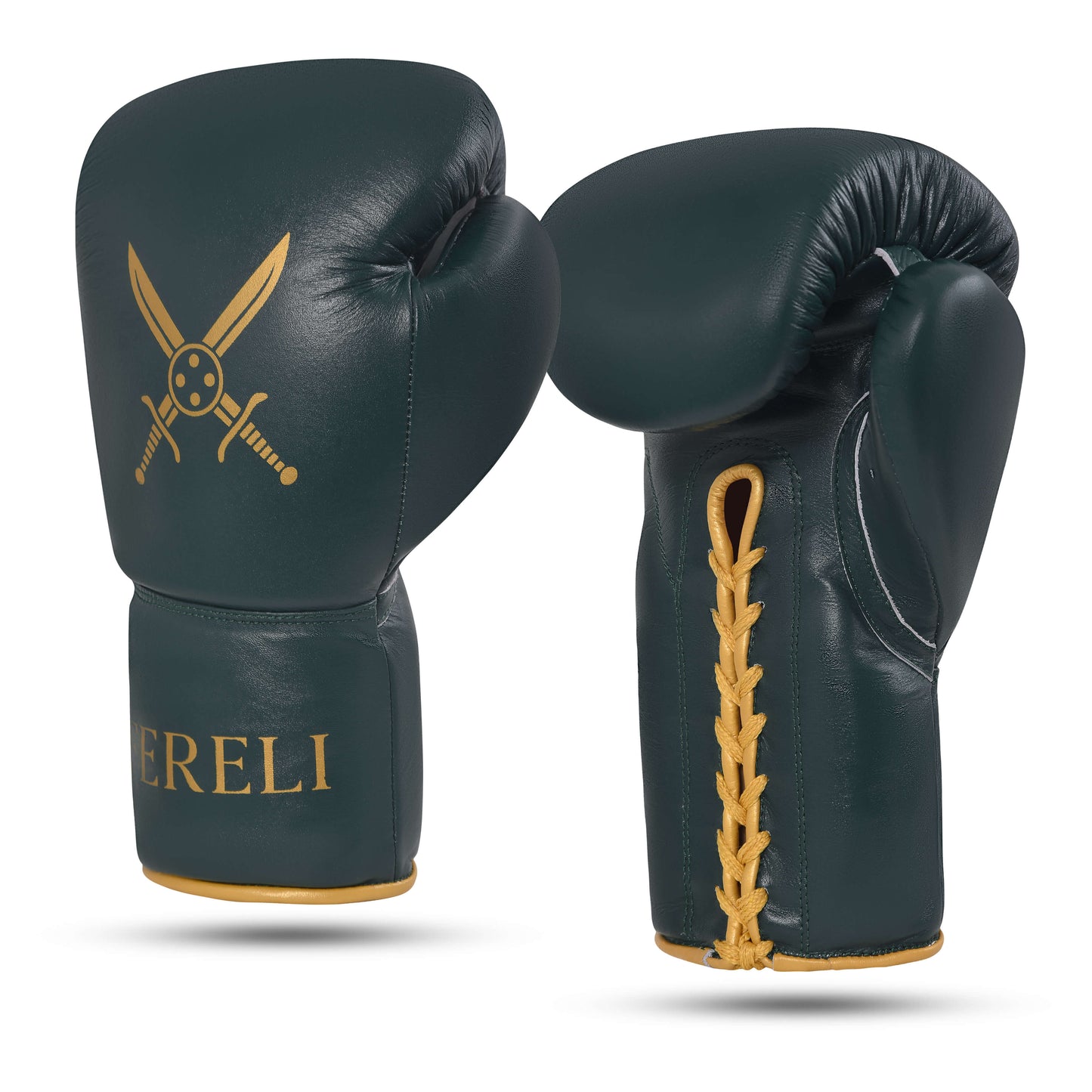Fereli Dastan full grain leather boxing gloves shown in pair with gold crossed swords emblem, green body, and golden laces, premium boxing hands gear from Fereli catalog.