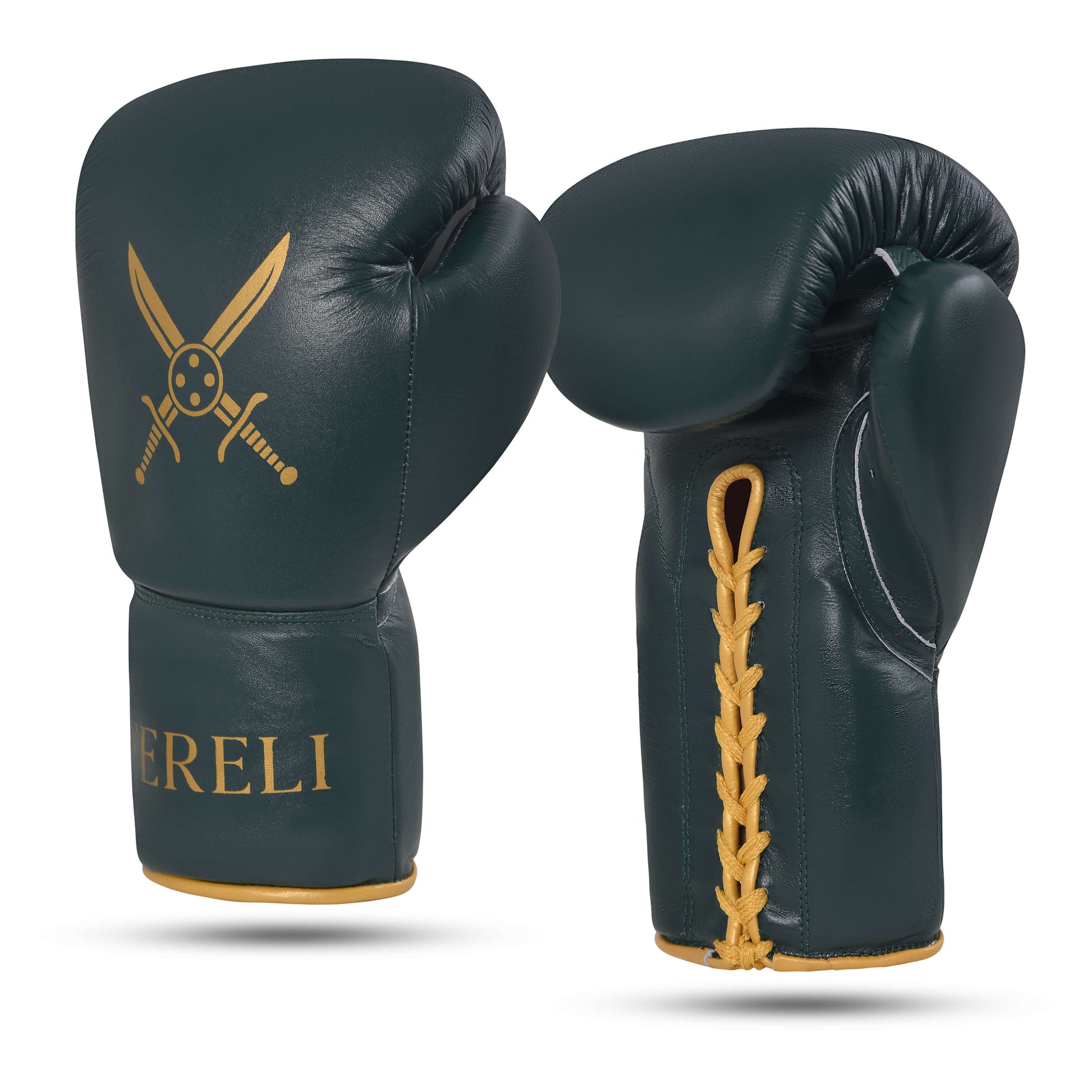 Fereli Dastan full grain leather boxing gloves shown in pair with gold crossed swords emblem, green body, and golden laces, premium boxing hands gear from Fereli catalog.