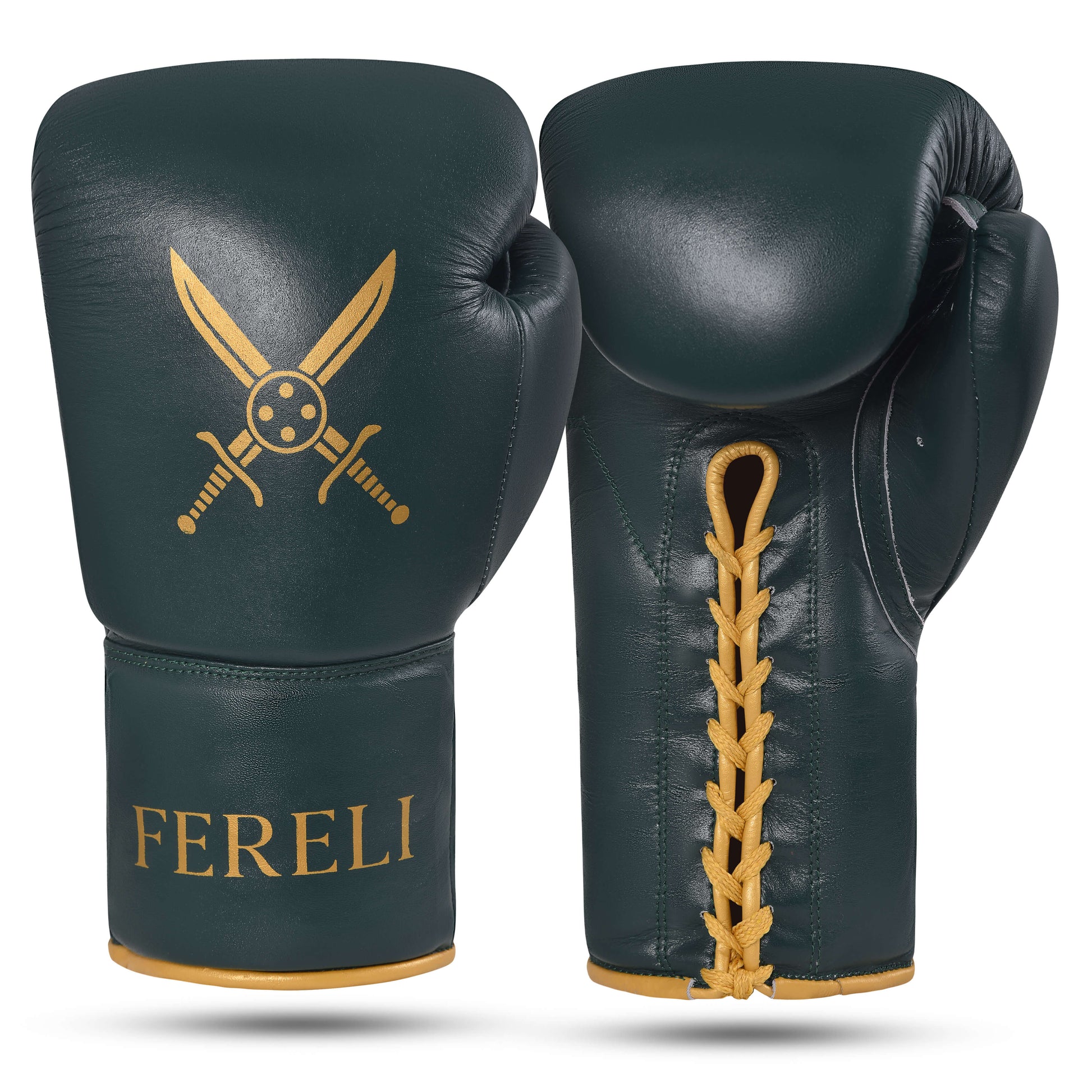 Fereli Dastan boxing hands gloves made from full grain leather, showing front and back design with gold crossed swords, featured in the boxing catalog.