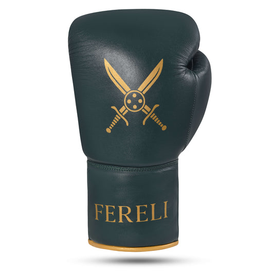 Fereli Dastan boxing hands glove in full grain leather with gold crossed swords emblem and Fereli branding, premium gear featured in the boxing catalog.