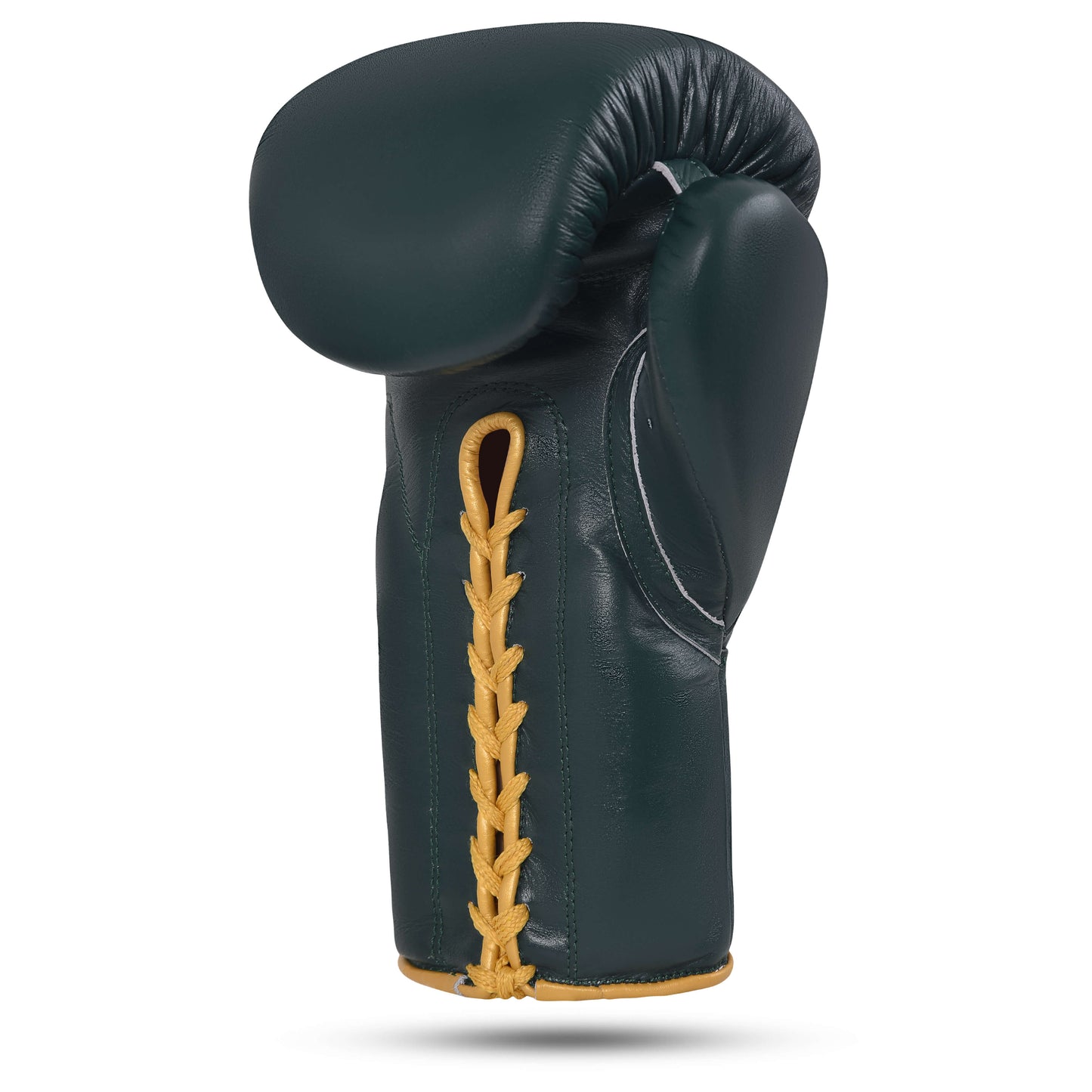 Fereli Dastan boxing hands glove in dark green full grain leather, side angle showing gold lace design, featured in premium boxing catalog.