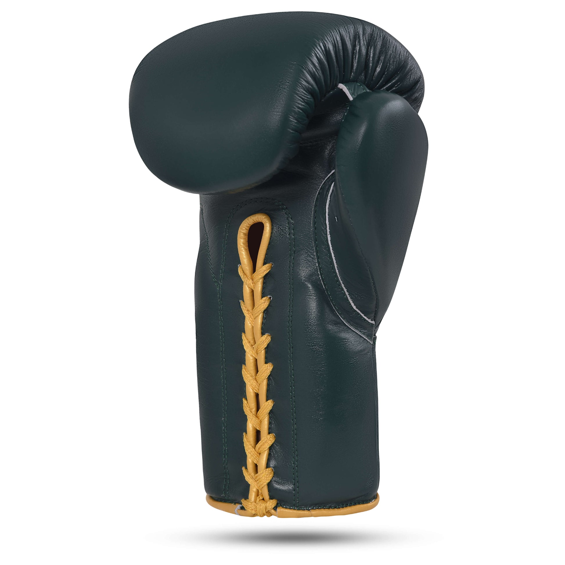 Fereli Dastan boxing hands glove in dark green full grain leather, side angle showing gold lace design, featured in premium boxing catalog.