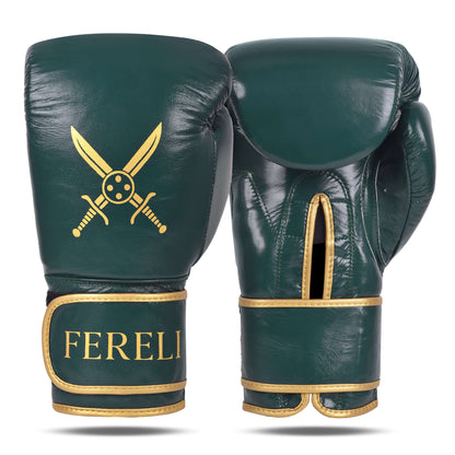 Front and palm view of Fereli Dastan boxing gloves with strap closure, featuring deep green leather, gold sword emblem on the front, and FERELI branding on the wrist.