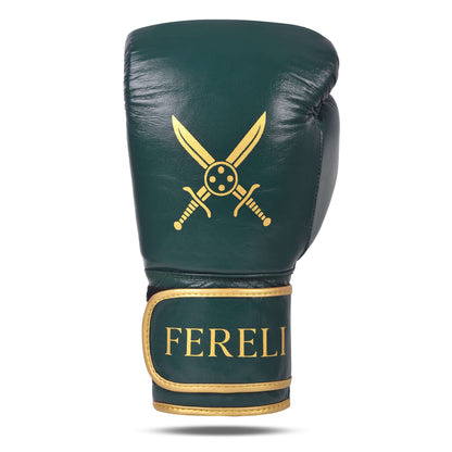 Front view of the Fereli Dastan boxing glove with strap closure, showcasing the gold crossed sword emblem and bold FERELI branding on the green leather wrist strap.
