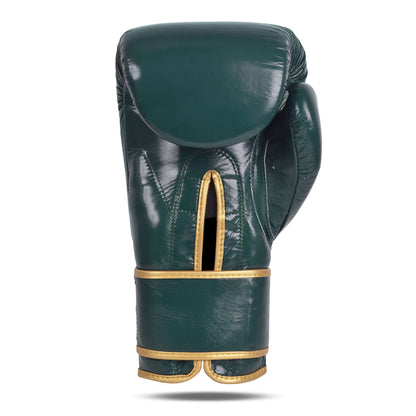 Rear view of Fereli Dastan strap boxing glove in deep green leather with gold trim, showing open cuff and wrist ventilation slit.
