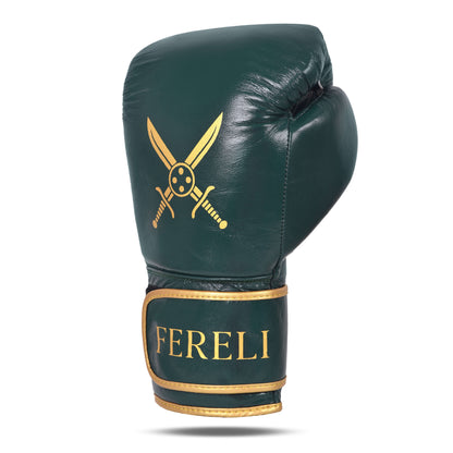 Side-front view of Fereli Dastan strap boxing glove in deep green leather with golden swords emblem and FERELI branding on the strap.