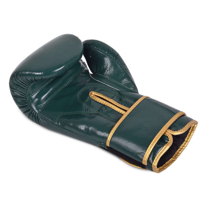 Fereli Dastan strap boxing glove laid flat, showcasing rear palm, thumb seam, open wrist slit, and gold trim detailing.