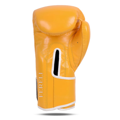 Palm side view of Fereli Emberlight 8 oz leather boxing glove in bright yellow with white trim, featuring an open grip bar area and secure strap fastening design.