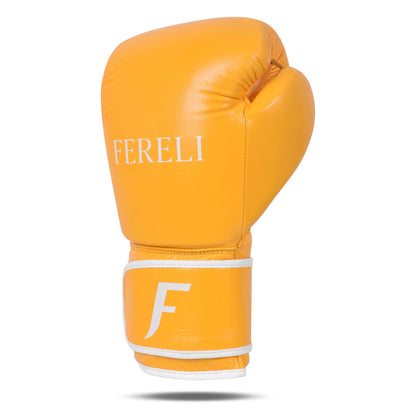 Fereli Emberlight 8 oz leather kickboxing glove in vibrant yellow with white strap and bold Fereli branding, designed for simple yet premium training performance.
