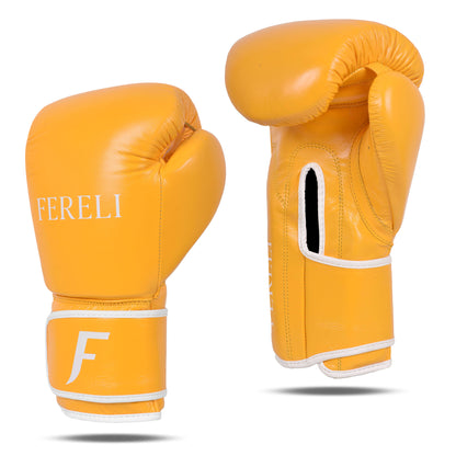 Pair of Fereli Emberlight yellow simple boxing gloves with white strap trim, crafted from premium leather for 8 oz kickboxing and training sessions.