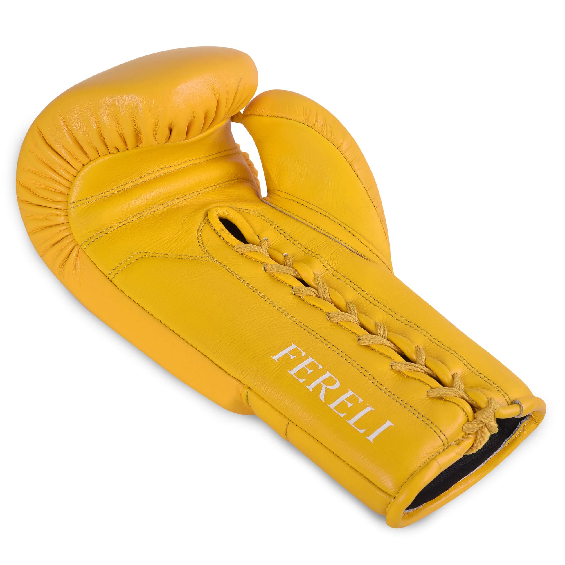 Fereli Emberlight yellow boxing glove angled flat view. Premium simple boxing glove crafted in leather, available in 8 oz size, ideal for boxing or kickboxing training.