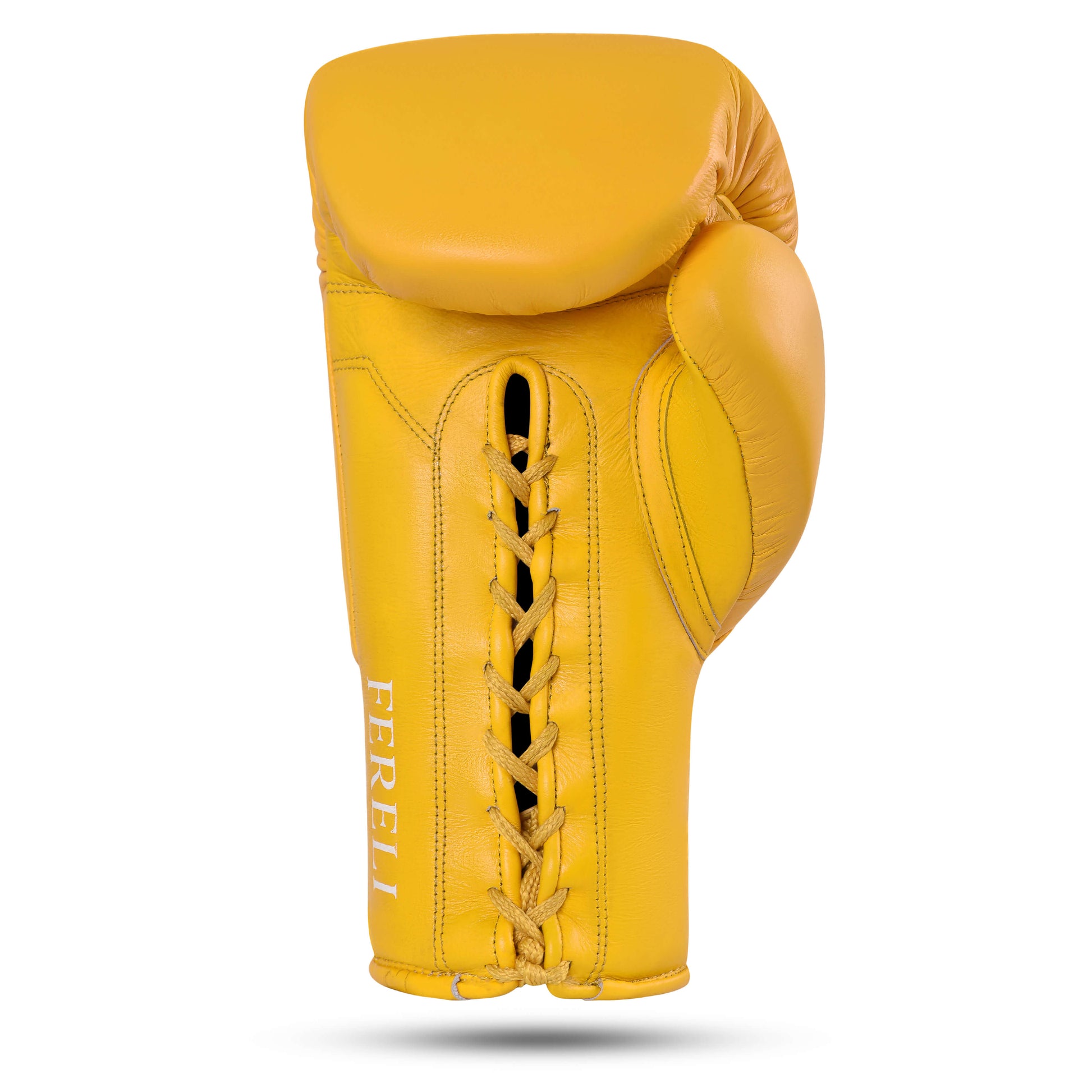 Fereli Emberlight yellow boxing glove back view. Premium simple boxing gloves with lace-up design, made from genuine leather, available in 8 oz for beginners and also suitable as leather kickboxing gloves.